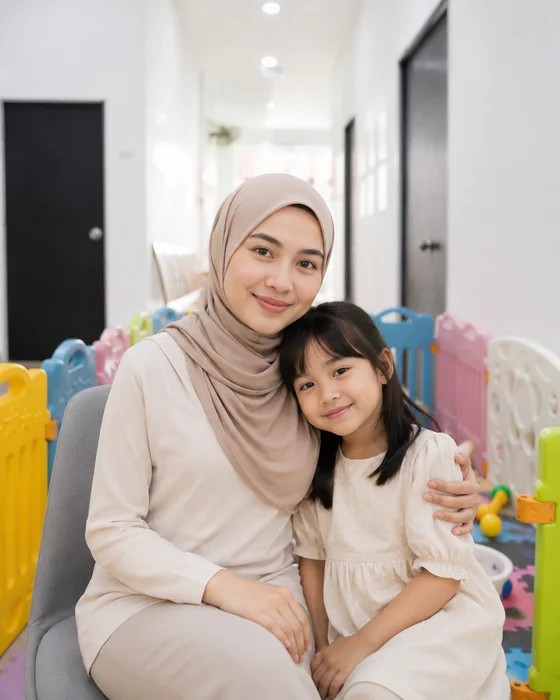 Seorang ibu bersama anak perempuannya di ruang mesra keluarga