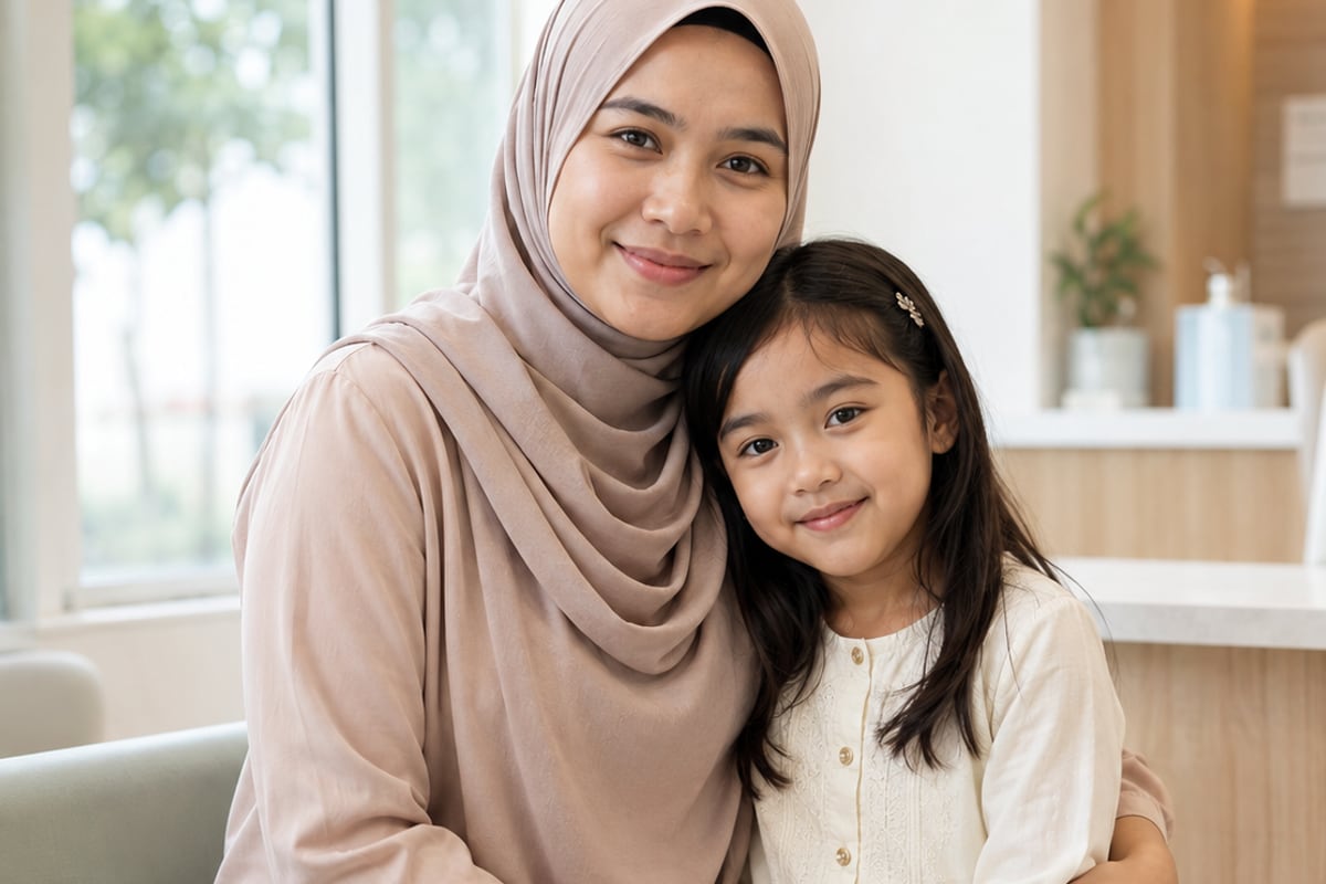 Seorang ibu bersama anak perempuannya di ruang klinik